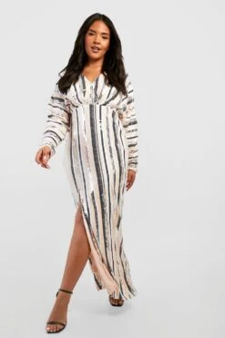 Vestito Maxi Plus Size A Righe Con Paillettes E Spacco -Negozio al dettaglio Vestiti gzz19797 nude xl 2