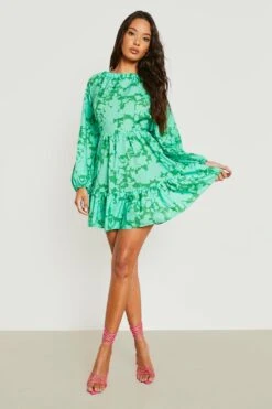 Vestito Skater In Raso A Fiori Con Arricciature 6 Vestito Skater In Raso A Fiori Con Arricciature -Negozio al dettaglio Vestiti gzz19922 green xl 2