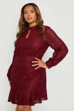 Vestito Skater Plus Size In Pizzo All’uncinetto Con Arricciature E Intaglio Sullo Scollo -Negozio al dettaglio Vestiti gzz20013 berry xl 2