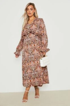 Vestito Longuette Plus Size In Fantasia Cachemire Con Arricciature E Scollo