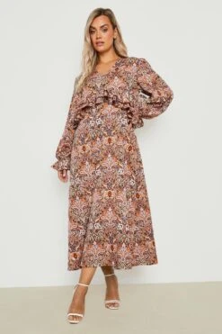 Vestito Longuette Plus Size In Fantasia Cachemire Con Arricciature E Scollo -Negozio al dettaglio Vestiti gzz20113 brown xl 2