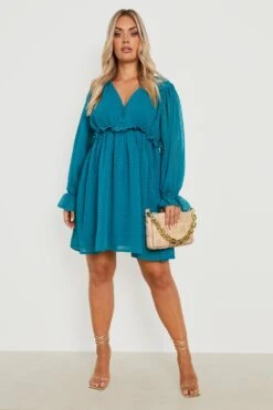 Vestito Grembiule Plus Size In Rete Plumetis Con Arricciature In Vita -Negozio al dettaglio Vestiti gzz20318 teal xl 2