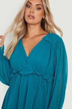 Vestito Grembiule Plus Size In Rete Plumetis Con Arricciature In Vita -Negozio al dettaglio Vestiti gzz20318 teal xl 3