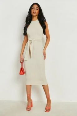 Vestito Midi Tall A Coste Ondulate Con Scollo A Vogatore E Laccetti Frontali
