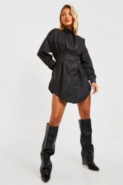 Vestito Camicia In Denim Rivestito In PU Regolabile In Vita -Negozio al dettaglio Vestiti gzz20424 black xl 2