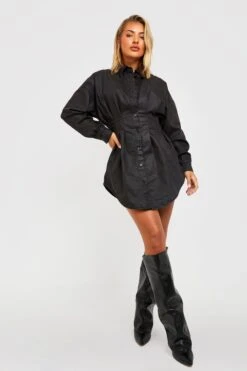 Vestito Camicia In Denim Rivestito In PU Regolabile In Vita -Negozio al dettaglio Vestiti gzz20424 black xl 3