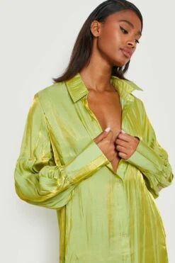 Vestito Camicia Oversize Effetto Lucido Con Maniche Ampie 7 Vestito Camicia Oversize Effetto Lucido Con Maniche Ampie -Negozio al dettaglio Vestiti gzz20491 green xl 3