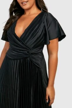 Vestito Midi Plus Size A Pieghe Con Dettagli Attorcigliati E Maniche Ad Angelo -Negozio al dettaglio Vestiti gzz20867 black xl 3