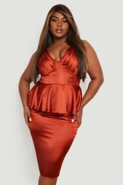 Vestito Midi Plus Size In Raso Stile Corsetto Con Volant Sul Fondo -Negozio al dettaglio Vestiti gzz21226 rust xl 2