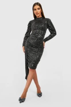 Vestito Midi Da Party Drappeggiato Con Paillettes E Maniche A Sbuffo -Negozio al dettaglio Vestiti gzz21681 black xl 2