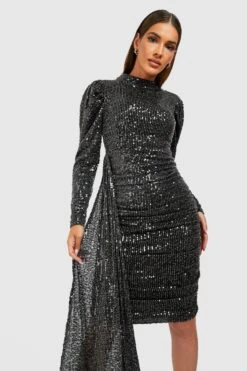 Vestito Midi Da Party Drappeggiato Con Paillettes E Maniche A Sbuffo -Negozio al dettaglio Vestiti gzz21681 black xl 3