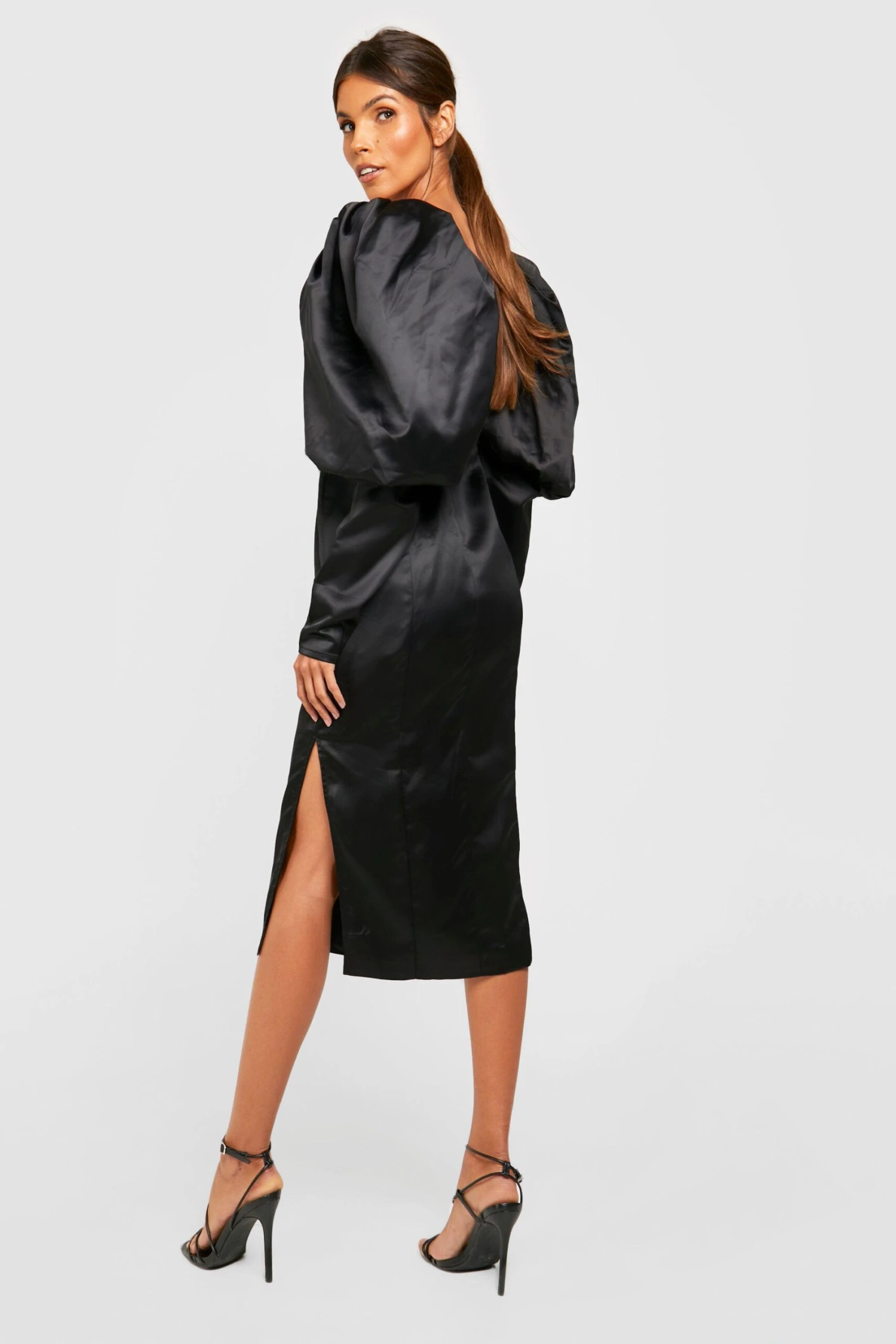 Vestito Midi In Raso Con Maniche A Sbuffo 2 Vestito Midi In Raso Con Maniche A Sbuffo - immagine 2