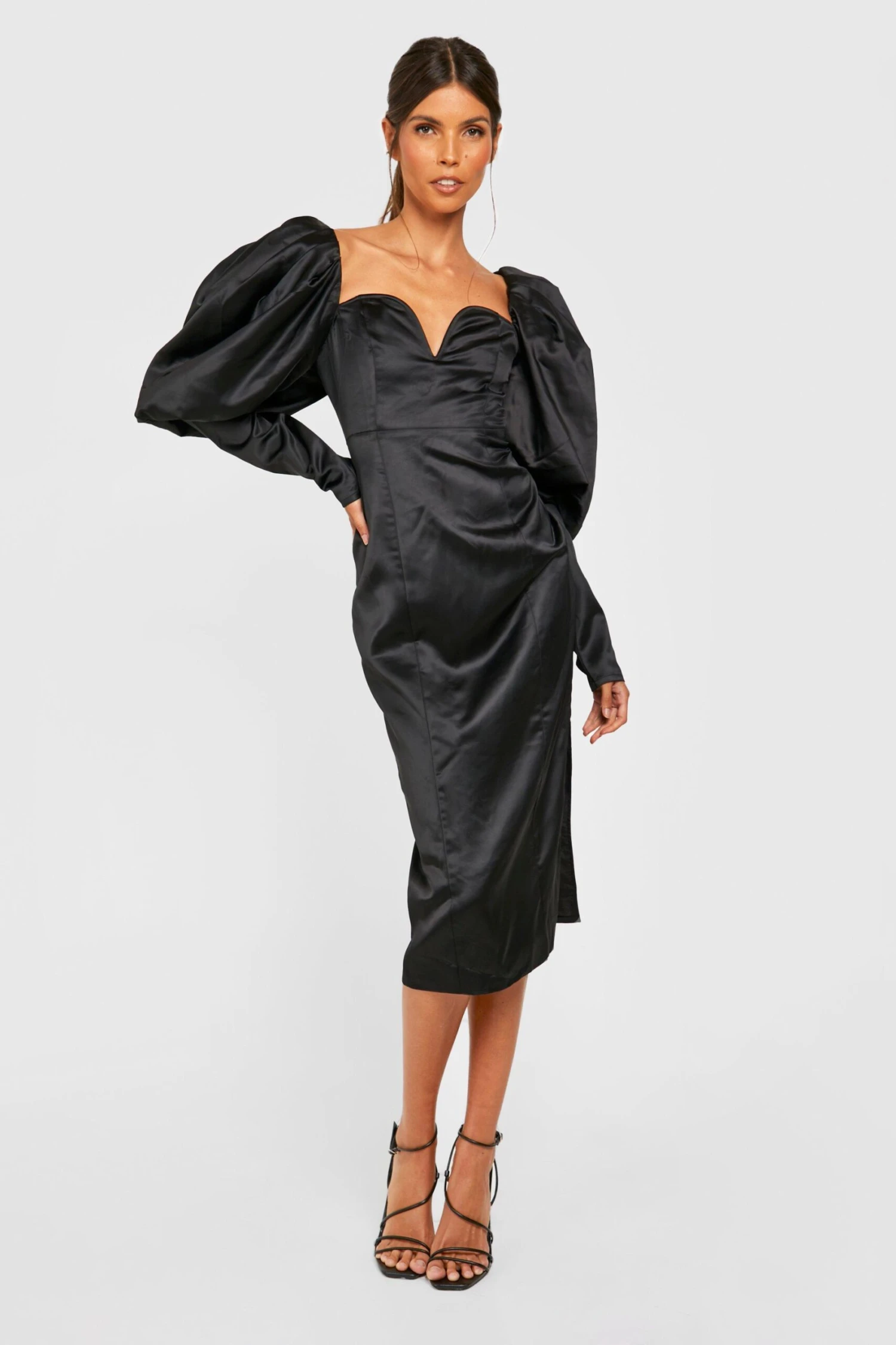 Vestito Midi In Raso Con Maniche A Sbuffo 3 Vestito Midi In Raso Con Maniche A Sbuffo - immagine 3