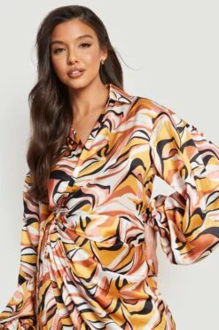 Vestito Camicia Scaldacuore In Raso Con Stampa Di Motivi A Vortice -Negozio al dettaglio Vestiti gzz21718 mocha xl 3