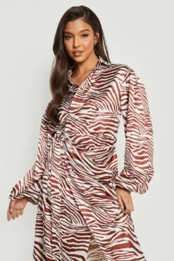 Vestito Camicia Scaldacuore In Raso Con Stampa Zebrata -Negozio al dettaglio Vestiti gzz21719 mocha xl 3