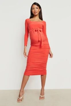 Vestito Midi Premaman Con Ruches, Cintura E Scollo Quadrato -Negozio al dettaglio Vestiti gzz21725 orange xl 2