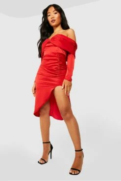 Vestito Midi Petite In Raso Drappeggiato Sulle Spalle Con Spacco -Negozio al dettaglio Vestiti gzz21920 red xl 2