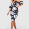Vestito Midi Plus Size In Scuba A Fiori Con Scollo Bardot