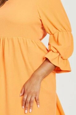 Vestito Grembiule Plus Size Effetto Goffrato Con Maniche Lunghe A Sbuffo -Negozio al dettaglio Vestiti gzz22207 orange xl 2