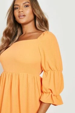 Vestito Grembiule Plus Size Effetto Goffrato Con Maniche Lunghe A Sbuffo -Negozio al dettaglio Vestiti gzz22207 orange xl 3