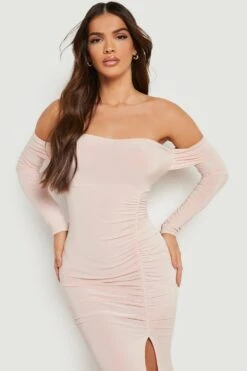 Vestito Maxi A Maniche Lunghe Con Scollo Bardot E Ruches -Negozio al dettaglio Vestiti gzz22422 champagne xl 3