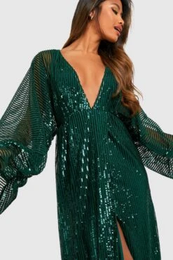 Vestito Maxi Da Party Premium Con Paillettes, Scollo Profondo E Spacco -Negozio al dettaglio Vestiti gzz22603 emerald xl 3