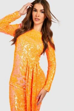 Vestito Midi Da Party Drappeggiato A Maniche Lunghe Con Paillettes -Negozio al dettaglio Vestiti gzz22605 orange xl 3