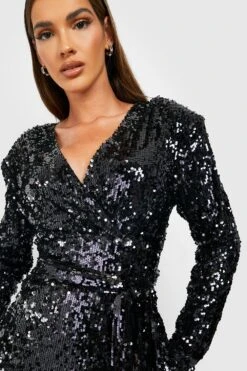 Vestito Midi Da Party Drappeggiato Con Scollo Profondo E Paillettes -Negozio al dettaglio Vestiti gzz22613 black xl 3