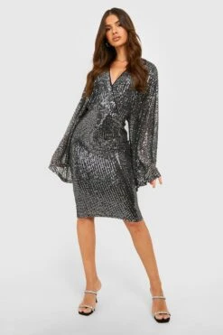 Vestito Scaldacuore Midi Con Paillettes E Maniche Ad Ala Di Pipistrello