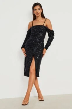 Vestito Scaldacuore Midi Da Party Aperto Sulle Spalle Con Paillettes -Negozio al dettaglio Vestiti gzz22655 black xl 2