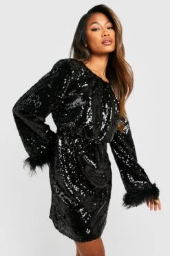 Vestito A Trapezio Con Paillettes E Piume Sui Polsini -Negozio al dettaglio Vestiti gzz22663 black xl 2