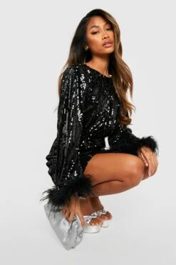 Vestito A Trapezio Con Paillettes E Piume Sui Polsini -Negozio al dettaglio Vestiti gzz22663 black xl 3