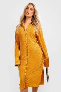 Vestito Camicia Midi Plus Size Plissettato Con Trama 6 Vestito Camicia Midi Plus Size Plissettato Con Trama -Negozio al dettaglio Vestiti gzz22770 mustard xl 2