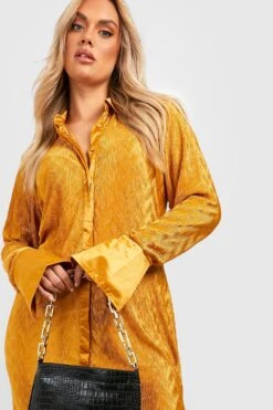 Vestito Camicia Midi Plus Size Plissettato Con Trama 7 Vestito Camicia Midi Plus Size Plissettato Con Trama -Negozio al dettaglio Vestiti gzz22770 mustard xl 3