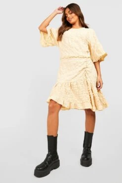 Vestito Smock Con Trama In Rilievo, Balze E Maniche A Sbuffo -Negozio al dettaglio Vestiti gzz22906 stone xl 2