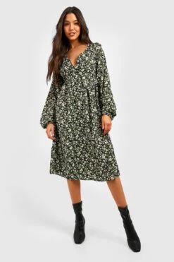 Vestito Midi A Fiori Con Ruches E Polsini