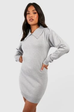 Vestito In Maglia Petite Decorato Con Perle Sul Colletto