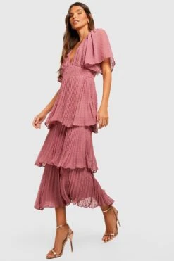 Vestito Longuette In Rete Plumetis Con Pieghe E Balze -Negozio al dettaglio Vestiti gzz22975 rose xl 2