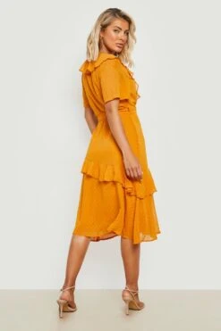 Vestito Midi In Rete Plumetis Con Arricciature E Balze -Negozio al dettaglio Vestiti gzz23050 mustard xl 1