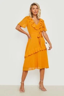 Vestito Midi In Rete Plumetis Con Arricciature E Balze -Negozio al dettaglio Vestiti gzz23050 mustard xl 2