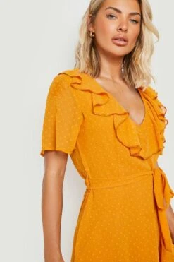 Vestito Midi In Rete Plumetis Con Arricciature E Balze -Negozio al dettaglio Vestiti gzz23050 mustard xl 3