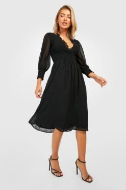 Vestito Midi In Rete Plumetis Con Maniche A 3/4