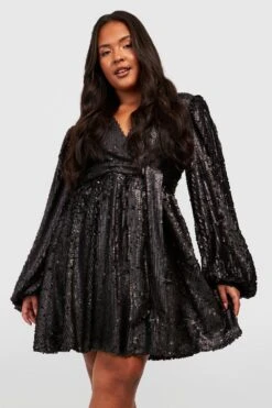 Vestito Skater Plus Size Con Paillettes E Maniche A Campana Estreme -Negozio al dettaglio Vestiti gzz23248 black xl 2