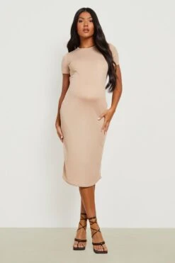 Vestito Midi Premaman A Coste Con Maniche Corte