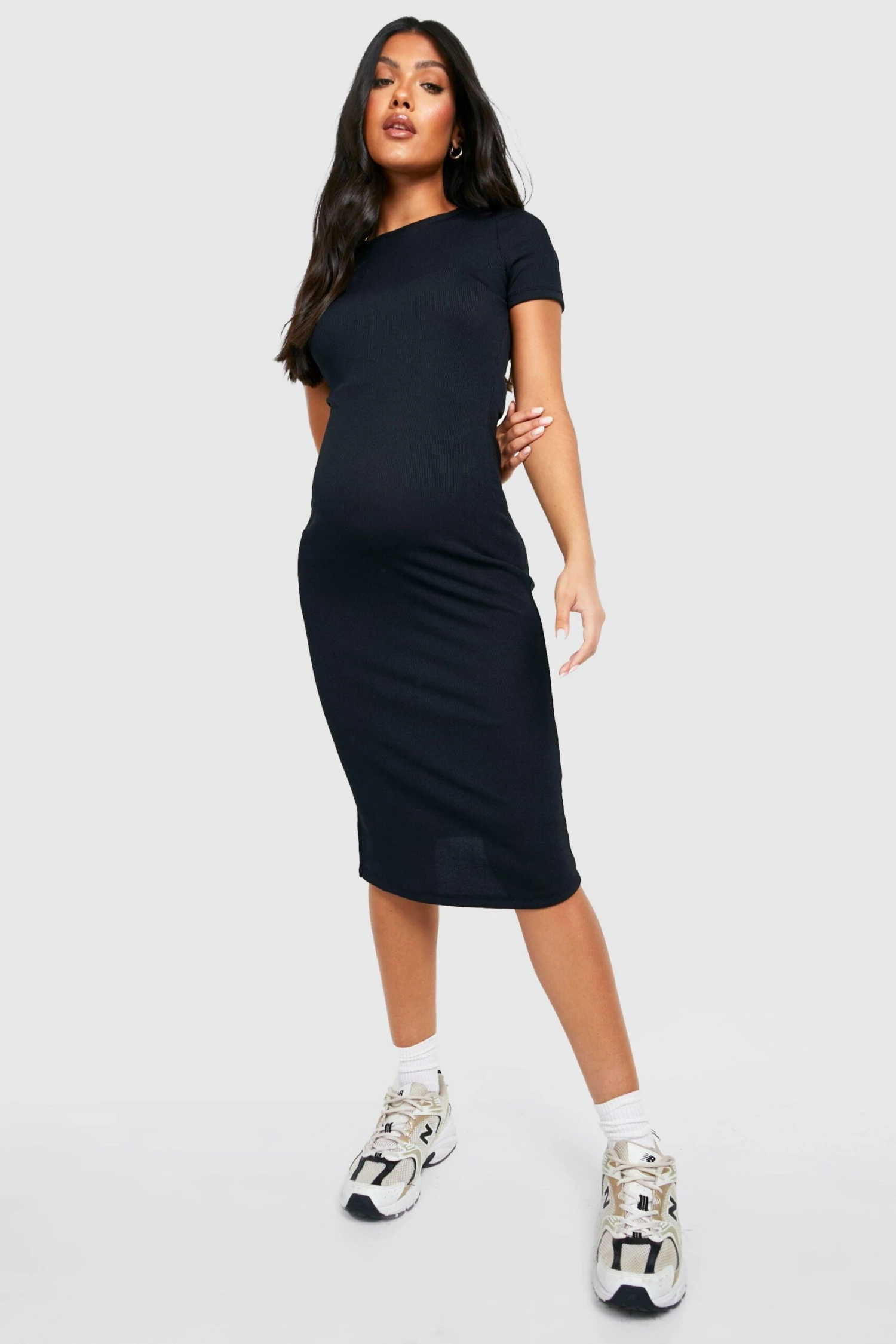 Vestito Midi Premaman A Coste Con Maniche Corte 1 Vestito Midi Premaman A Coste Con Maniche Corte