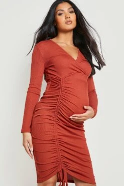 Vestito Midi Premaman A Coste Con Ruches E Laccetti -Negozio al dettaglio Vestiti gzz23455 rust xl 3