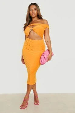 Vestito Midi Plus Size Seducente Su Due Livelli Con Spalle Scoperte -Negozio al dettaglio Vestiti gzz23484 orange xl 2