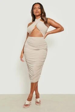 Vestito Midi Plus Size Seducente Allacciato Al Collo Con Ruches -Negozio al dettaglio Vestiti gzz23487 stone xl 2