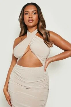 Vestito Midi Plus Size Seducente Allacciato Al Collo Con Ruches -Negozio al dettaglio Vestiti gzz23487 stone xl 3