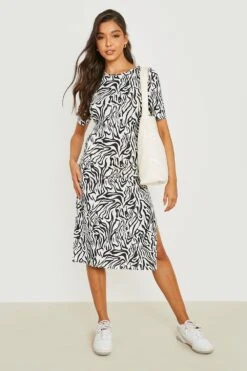 Vestito T-shirt Midi Zebrato Con Spacco